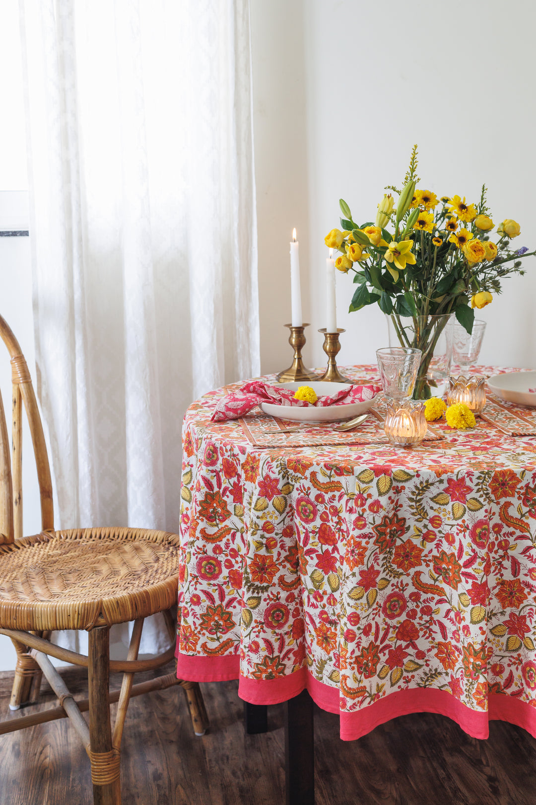 Orange Blossom Round tablecloth - 6 seater round block print table cloth -  72 inches