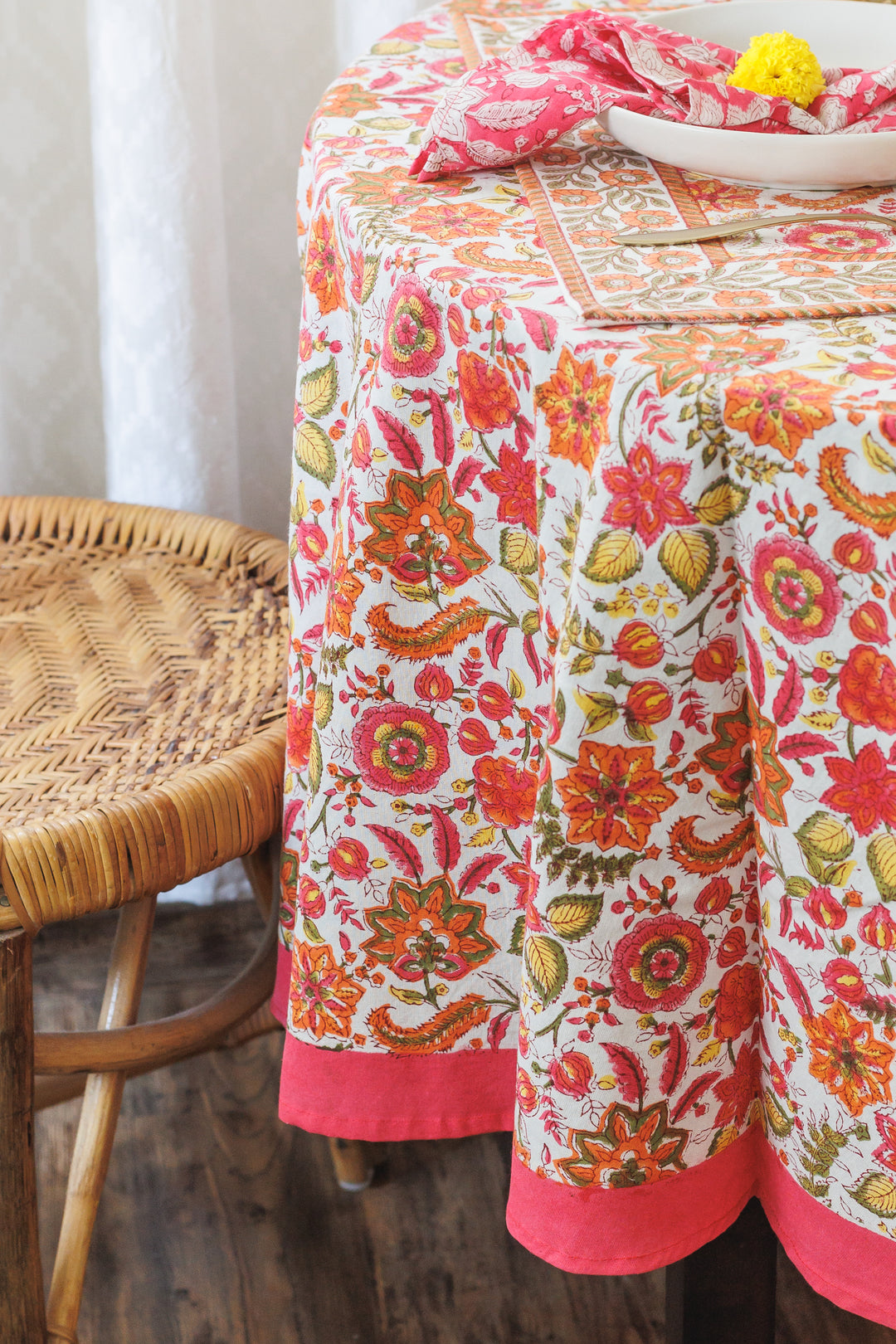 Orange Blossom Round tablecloth - 6 seater round block print table cloth -  72 inches