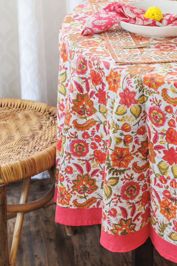Orange Blossom Round tablecloth - 6 seater round block print table cloth -  72 inches