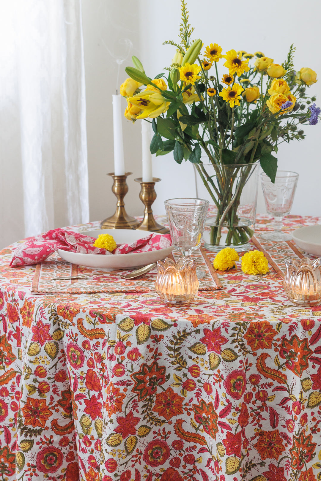 Orange Blossom Round tablecloth - 6 seater round block print table cloth -  72 inches