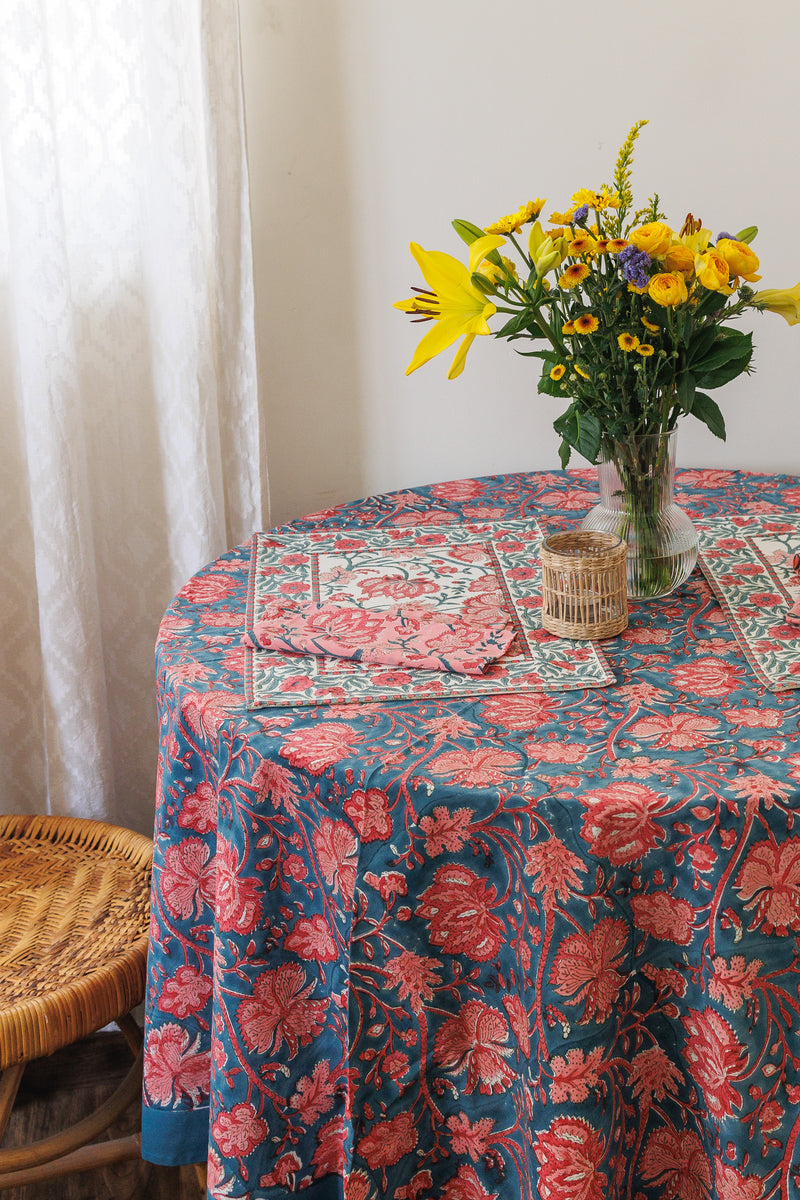 Blushing Bloom Round tablecloth - 6 seater round block print table cloth -  74 inches