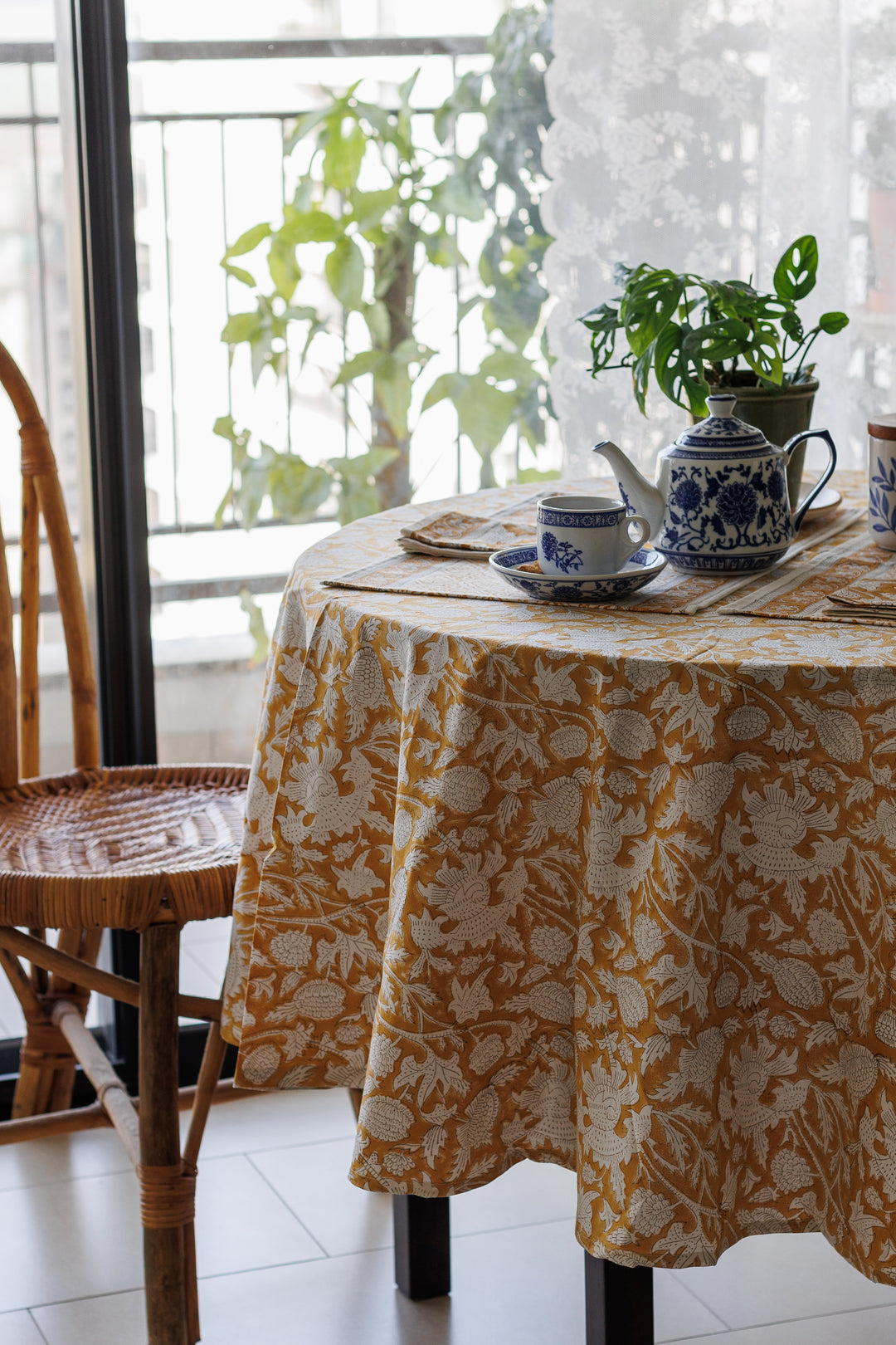 Spice Route Round tablecloth - 6 seater round block print table cloth -  72 inches - Yellow