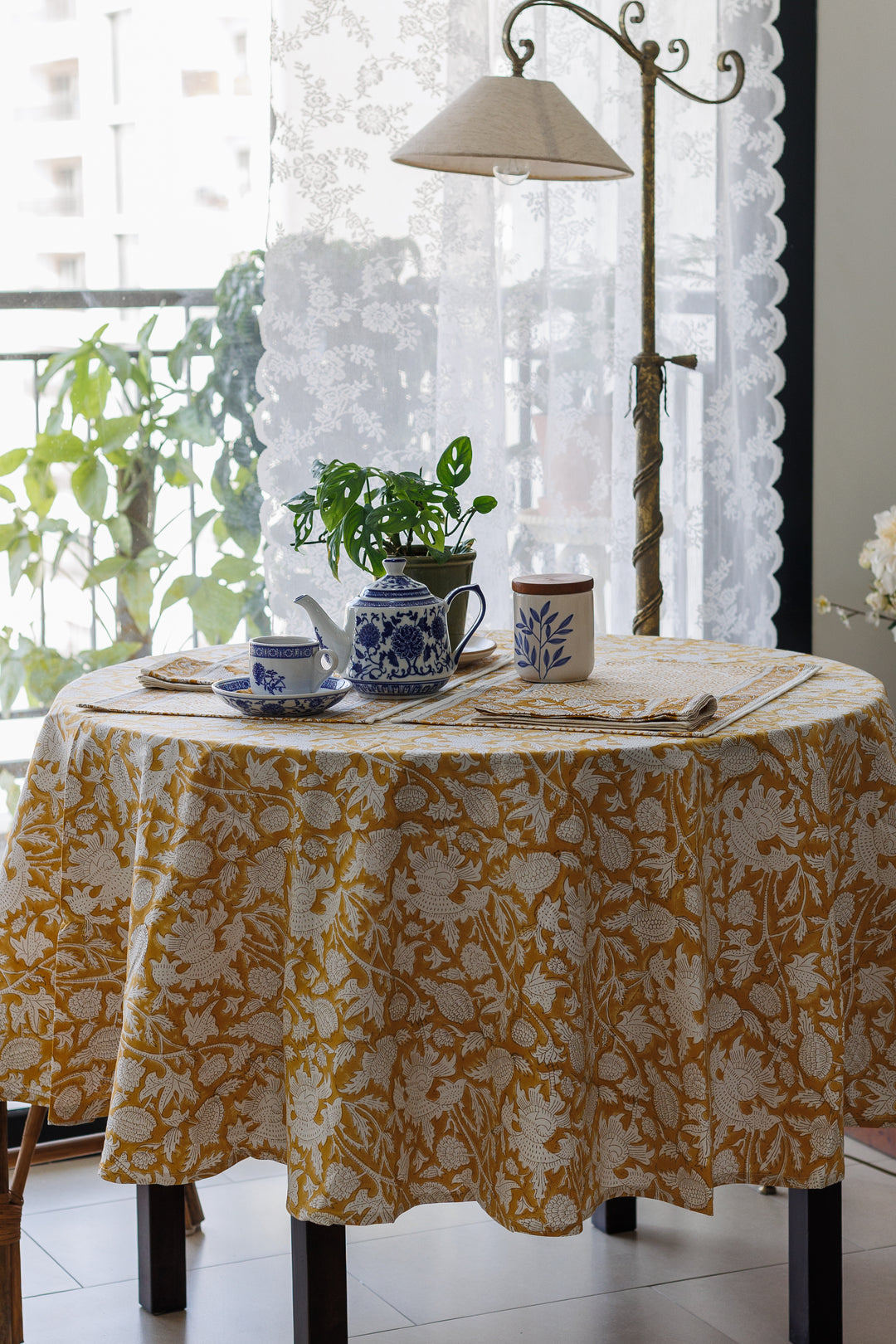 Spice Route Round tablecloth - 6 seater round block print table cloth -  72 inches - Yellow