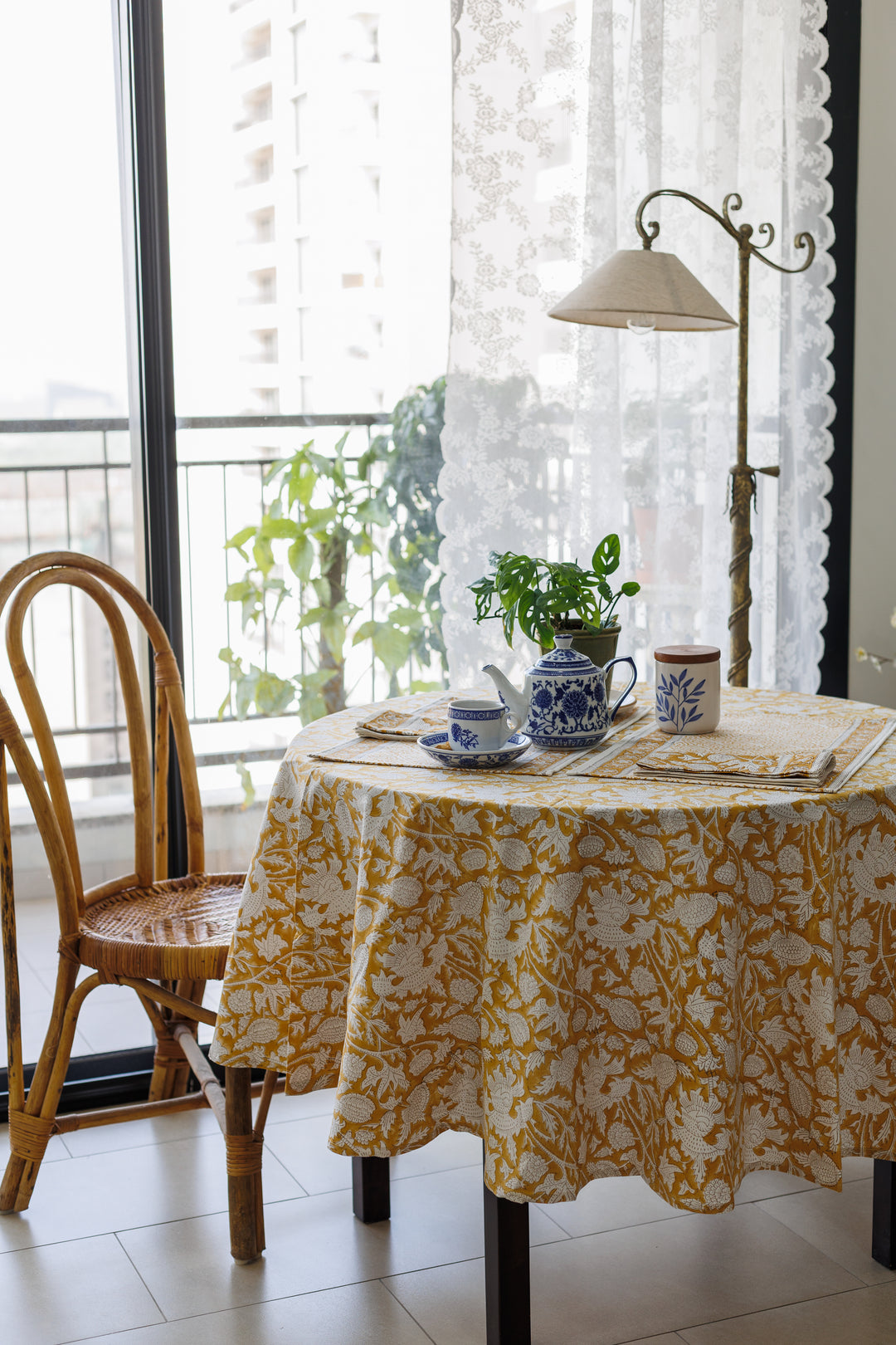 Spice Route Round tablecloth - 6 seater round block print table cloth -  72 inches - Yellow