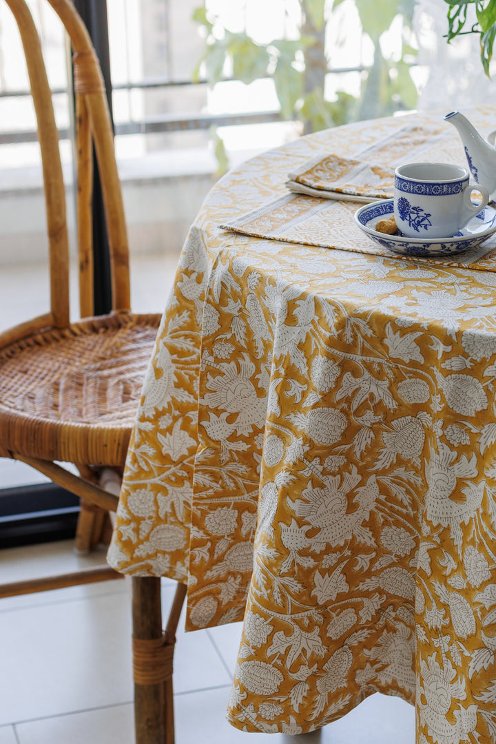 Spice Route Round tablecloth - 6 seater round block print table cloth -  72 inches - Yellow