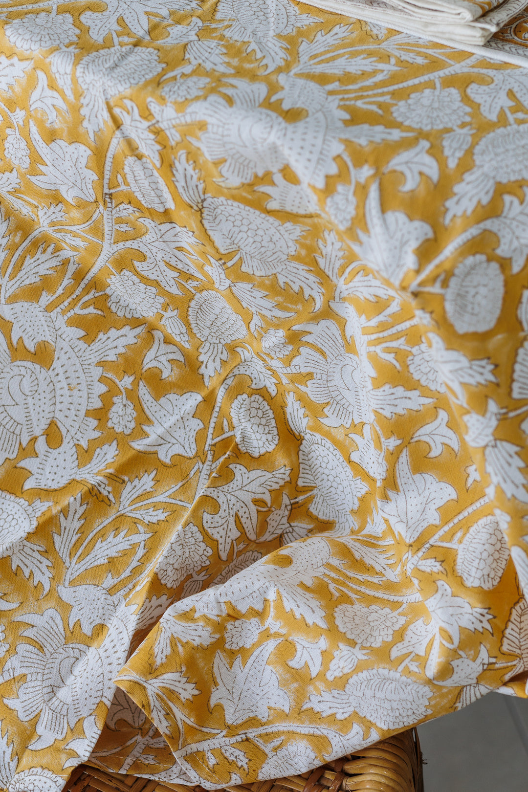 Spice Route Round tablecloth - 6 seater round block print table cloth -  72 inches - Yellow