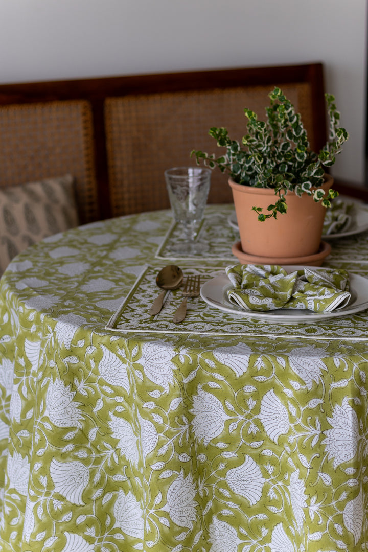 Citrus Grove Round tablecloth - 6 seater round block print table cloth -  72 inches - Green