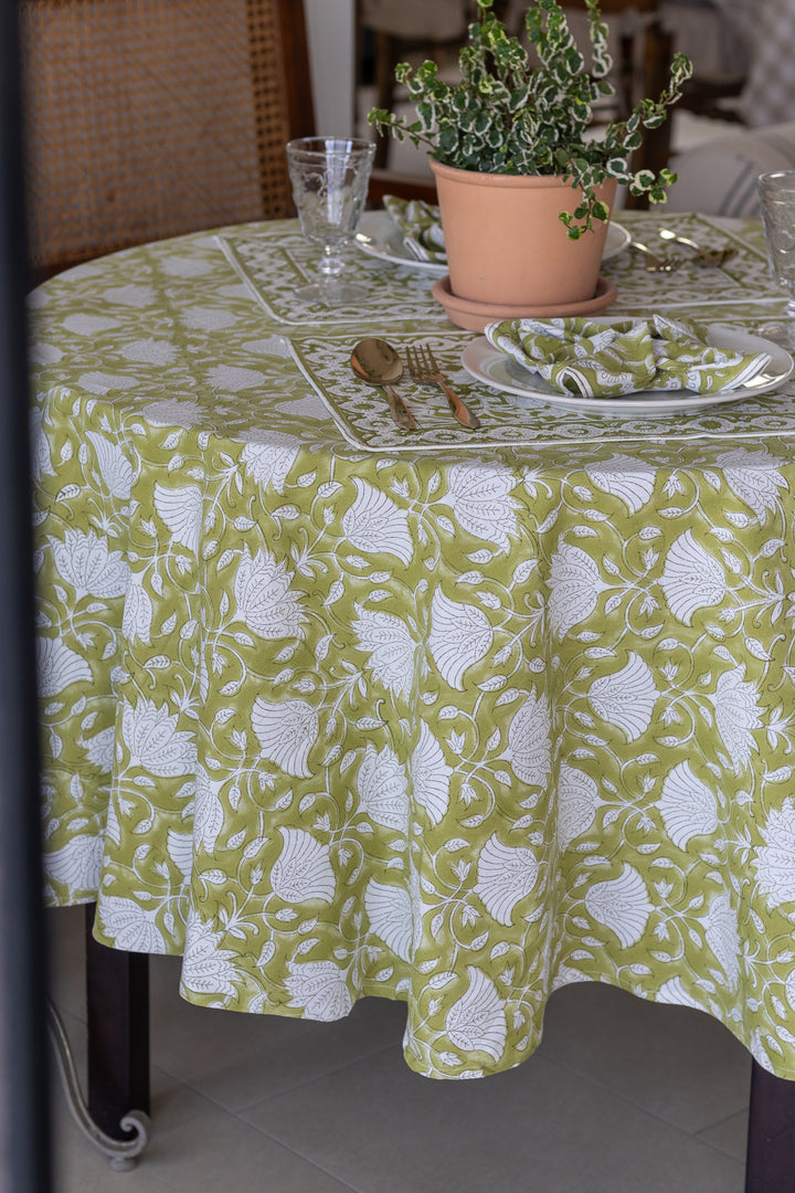 Citrus Grove Round tablecloth - 6 seater round block print table cloth -  72 inches - Green