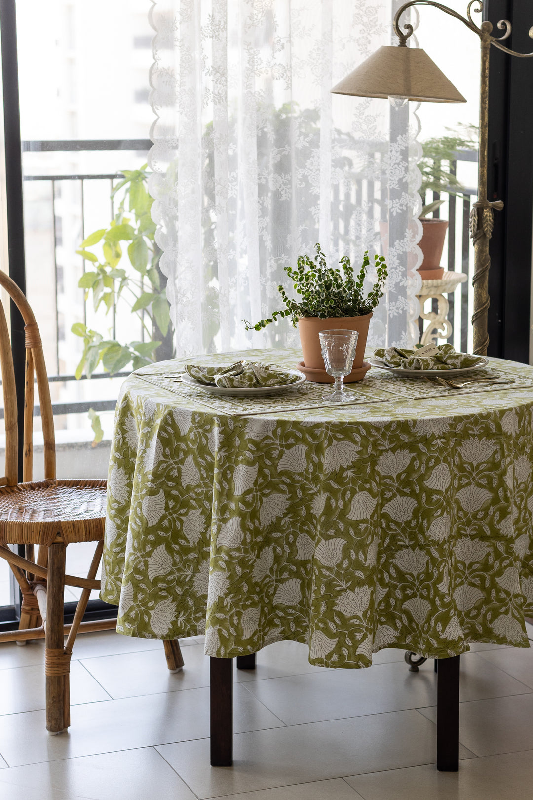 Citrus Grove Round tablecloth - 6 seater round block print table cloth -  72 inches - Green
