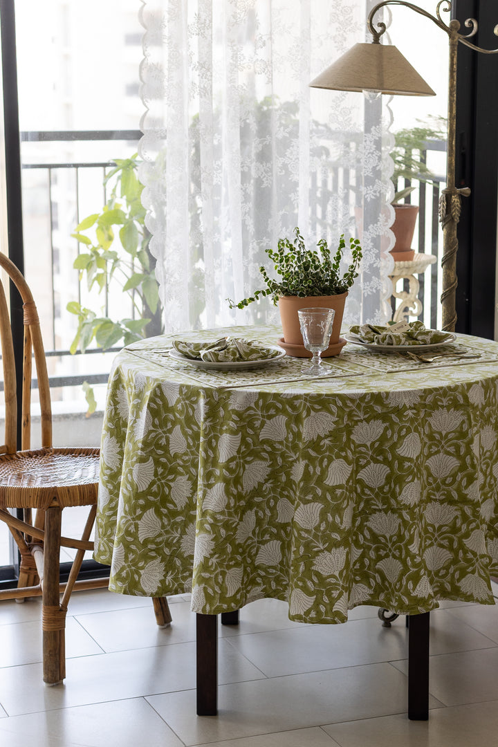 Citrus Grove Round tablecloth - 6 seater round block print table cloth -  72 inches - Green