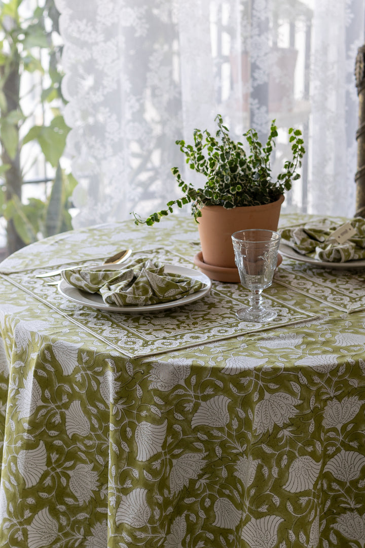 Citrus Grove Round tablecloth - 6 seater round block print table cloth -  72 inches - Green