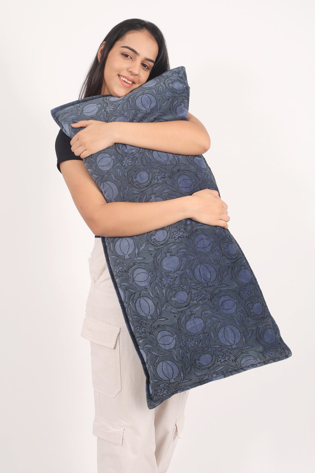 Extra Long lumbar block print velvet pillows - Royal Blue - 16 x 36 inches