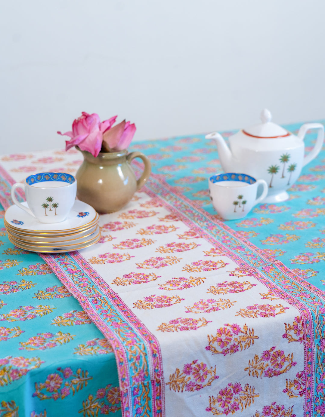 Pink floral runner - block print table runner - Pink and turquoise table runner - 14x72 inches