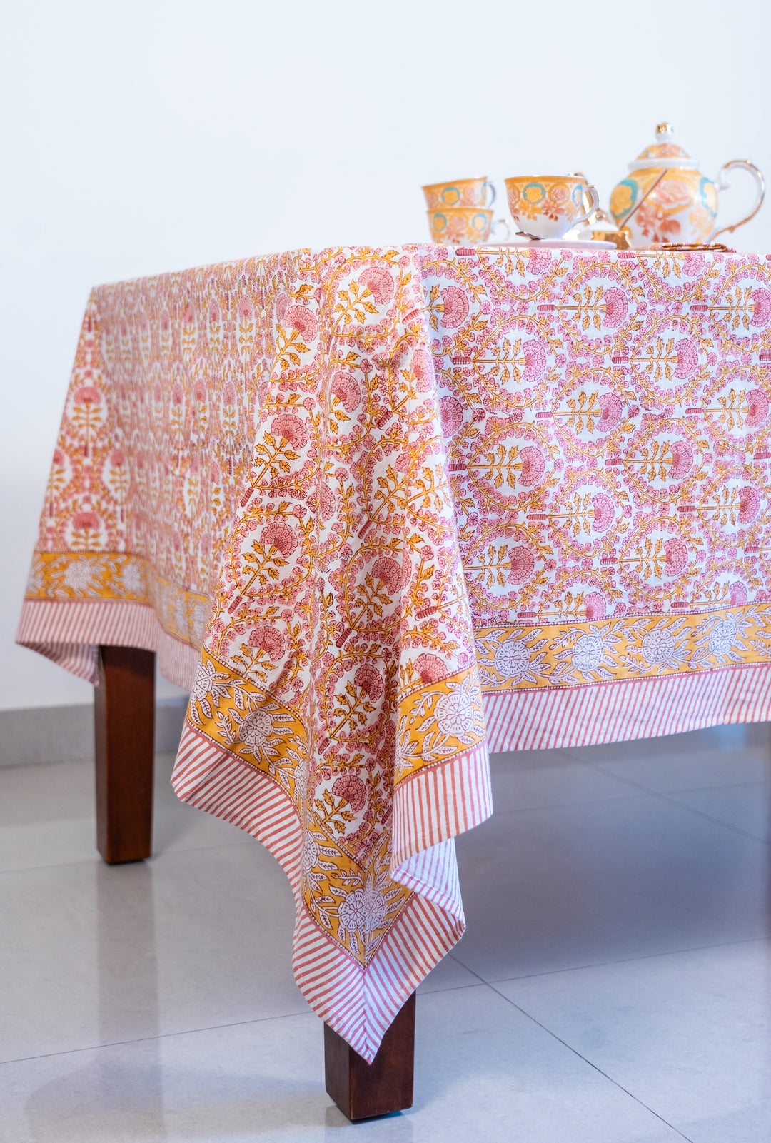 Golden Marigold tablecloth - 8 seater block print table cover - 60x120 inches