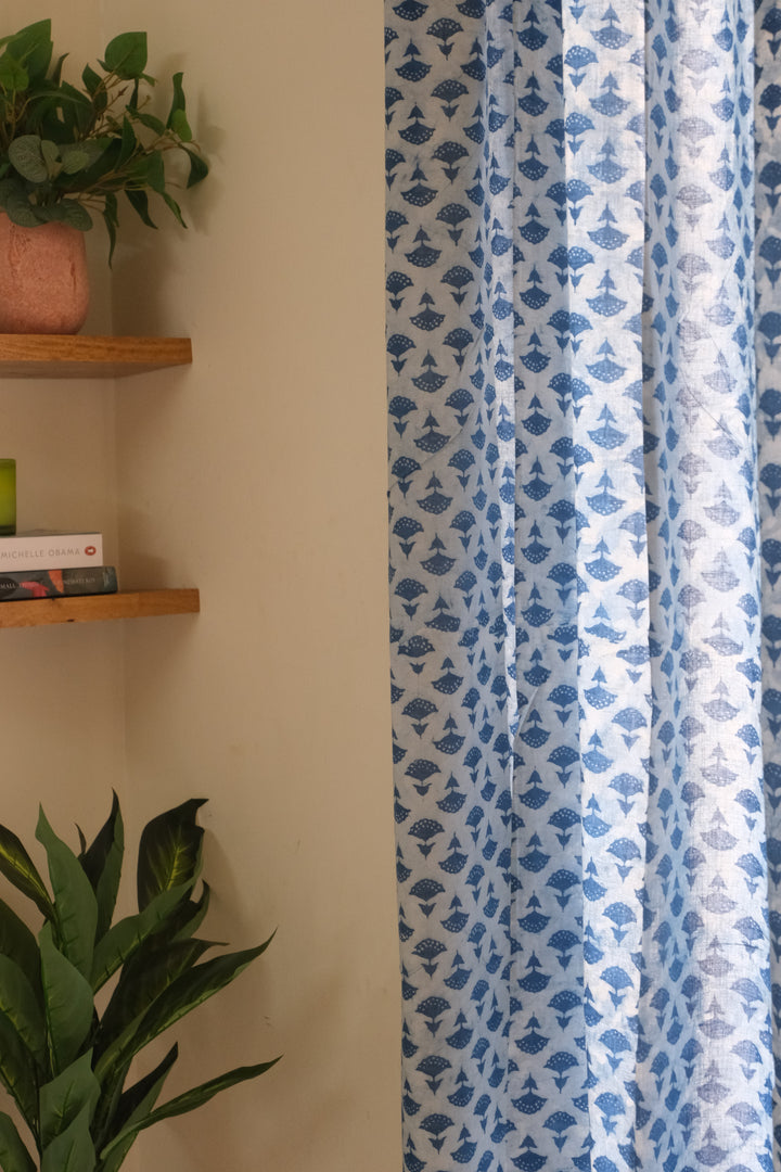 Indigo Ditsy floral curtains - Sheer Curtains - Off white and dark blue