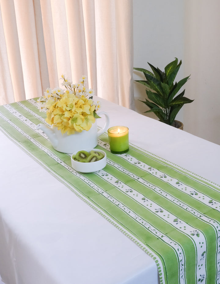 Garden Stripes table runner - Block print cotton table runner - 14x72 inches