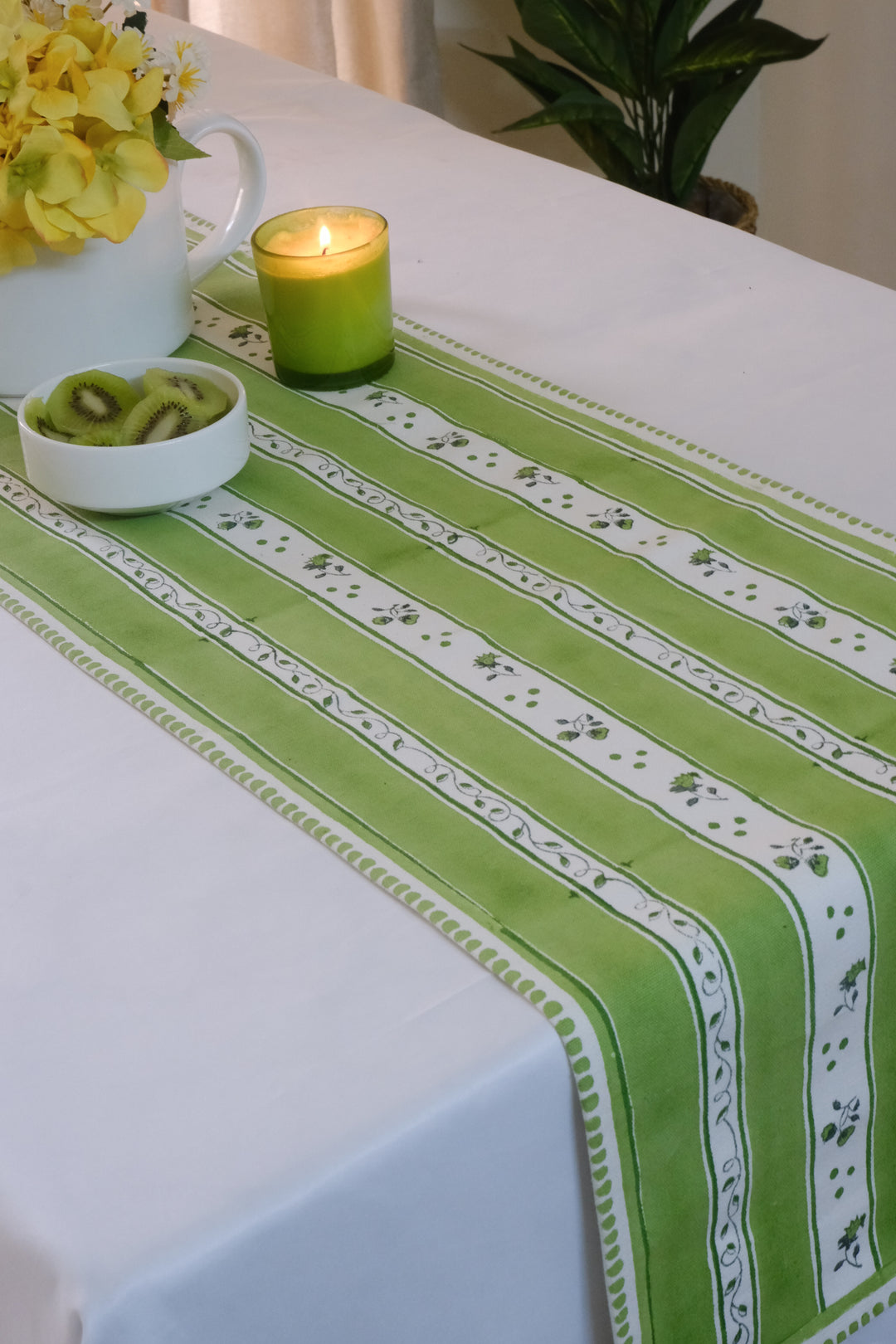 Garden Stripes table runner - Block print cotton table runner - 14x72 inches