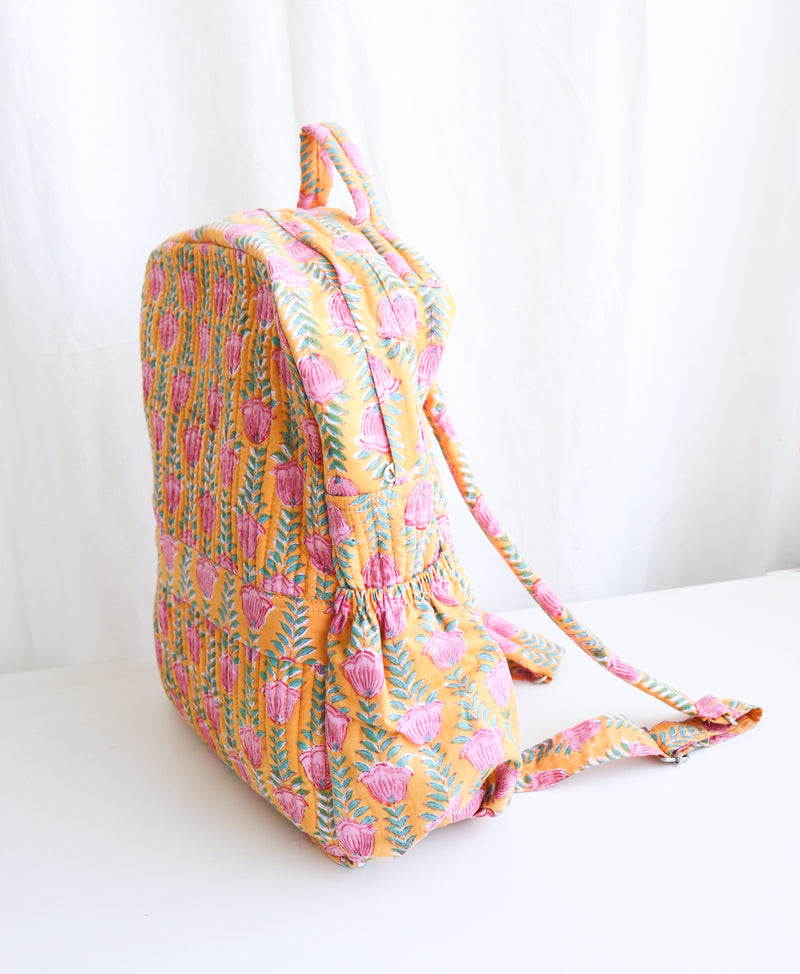 Quilted block print back pack - Laptop back pack - Yellow Tulips