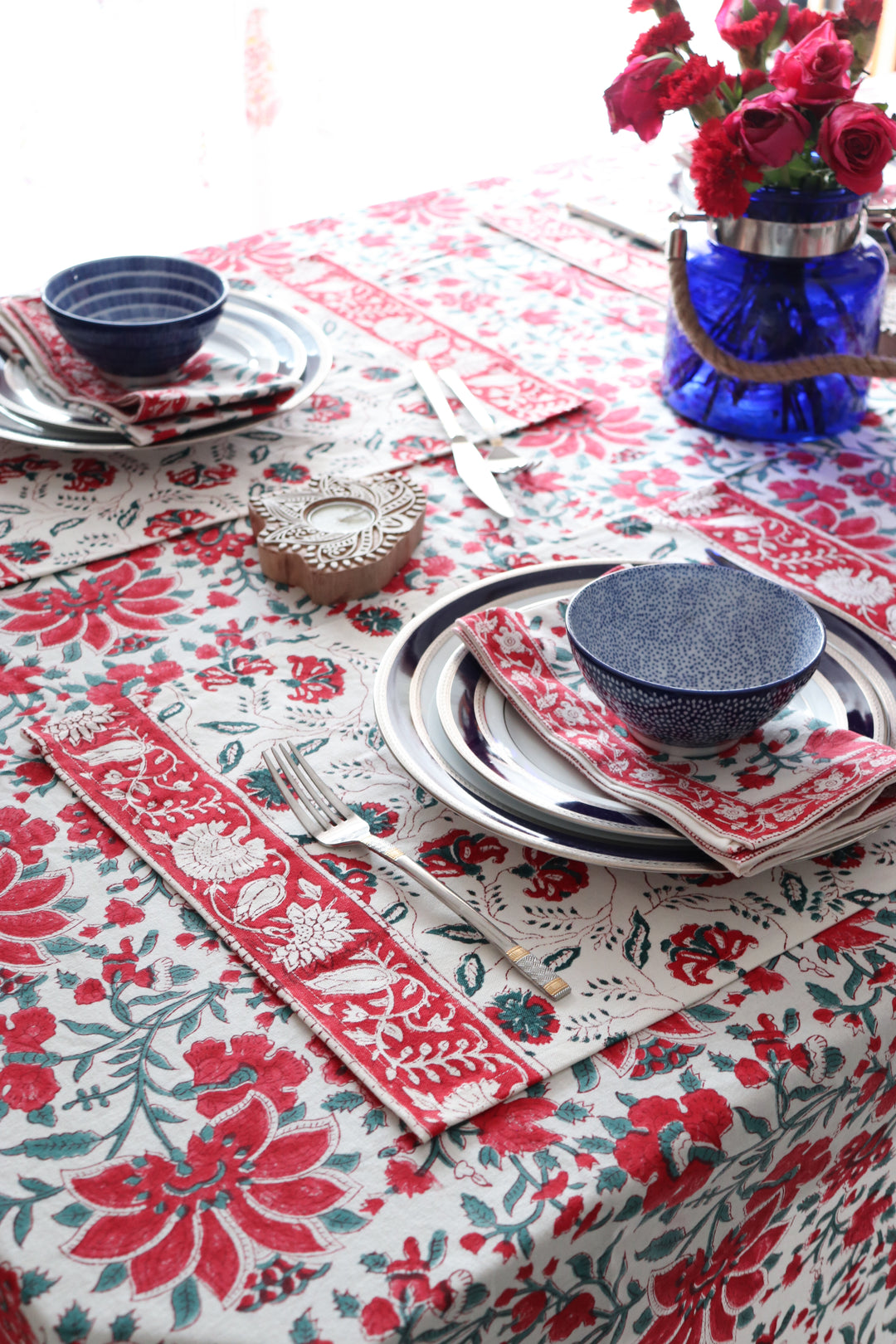 Crimson Dawn floral tablecloth - 6 seater block print table cloth - 60x90 inches