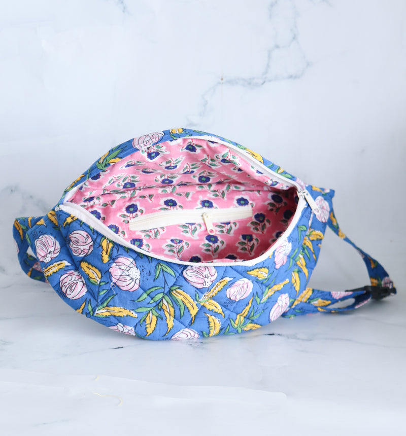 Block print belt bags - Fanny pack for women and girls - Navy blue floral