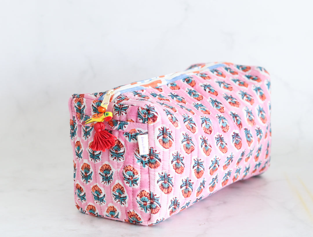 Personalized Large Makeup bags - Block print cosmetic bag - Custom toiletry pouch with name