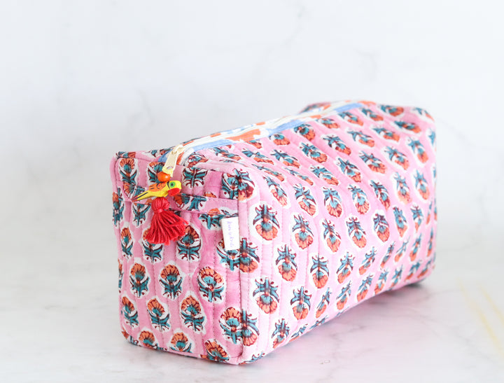 Personalized Large Makeup bags - Block print cosmetic bag - Custom toiletry pouch with name