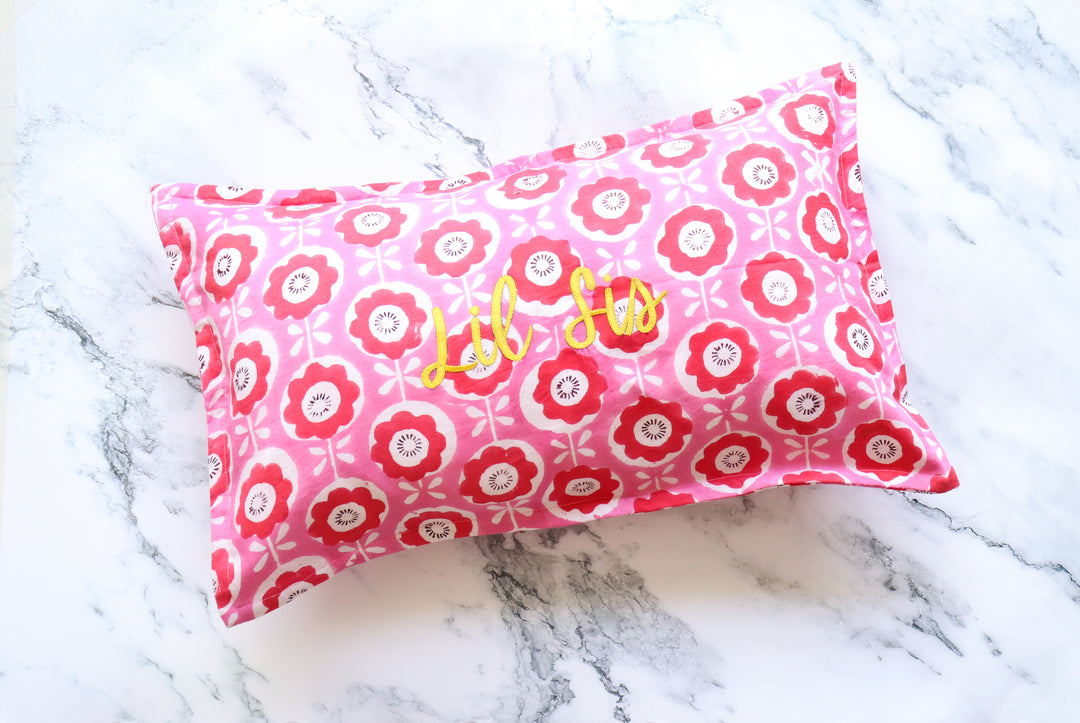 Lil sis Block print Word Pillow - Embroidery on Block print fabric - 12x20 inches