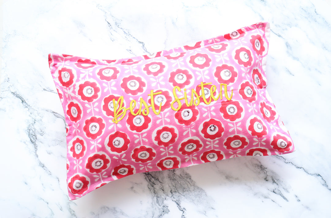 Best Sister Block print Word Pillow - Embroidery on Block print fabric - 12x20 inches