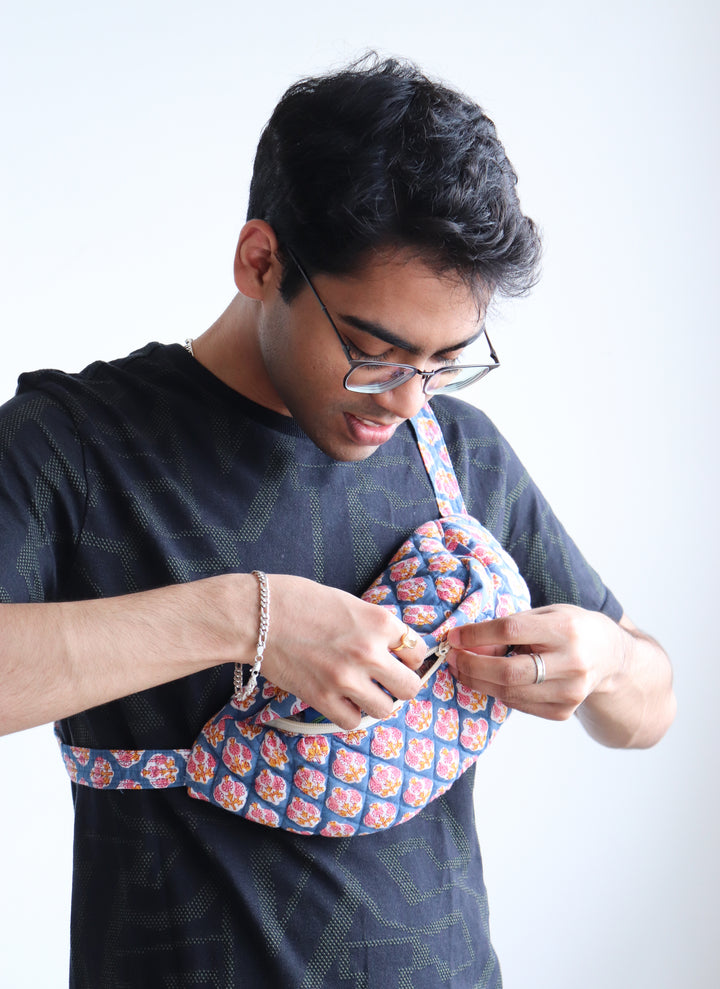 Block print belt bags - Fanny pack unisex - Dark blue booti