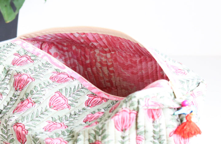 Block print fabric travel pouch- Green cosmetic pouch