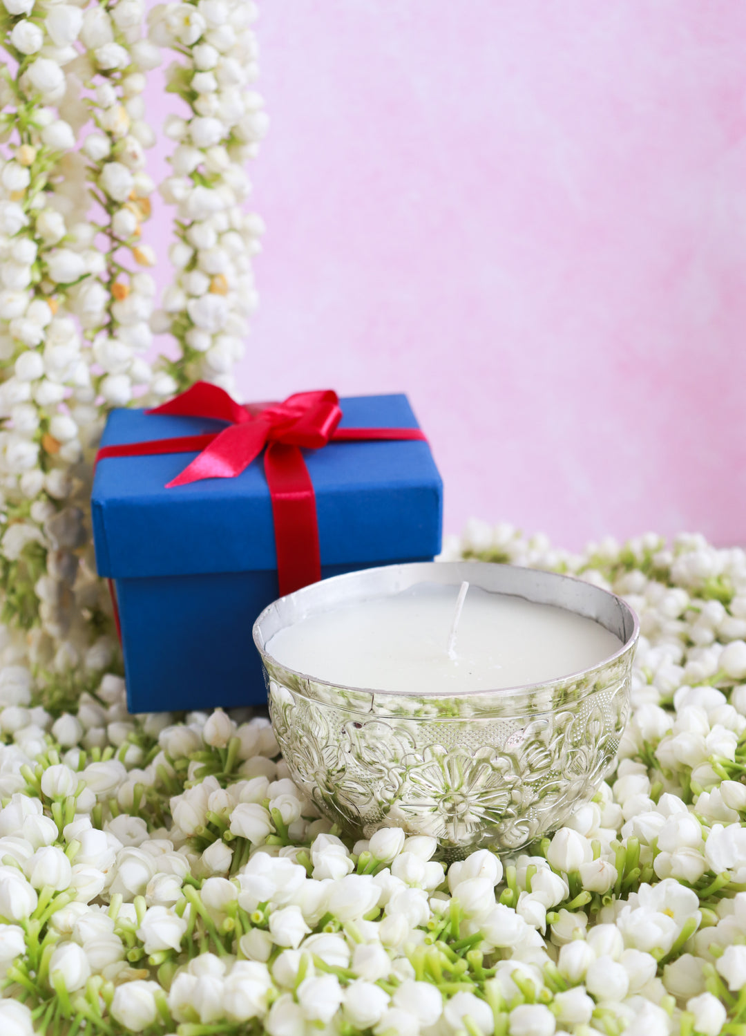 Silver Embossed Floral metal work scented candle in a gift box - Eco friendly Diwali gifts