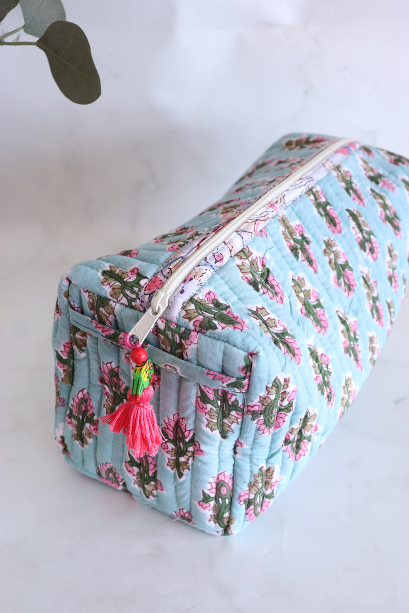 Large Cosmetic bag - Makeup bag - Block print fabric travel pouch- Ditsy Turquoise