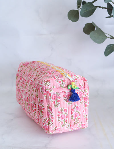 Large Cosmetic bag - Makeup bag - Block print fabric travel pouch- Pink ditsy