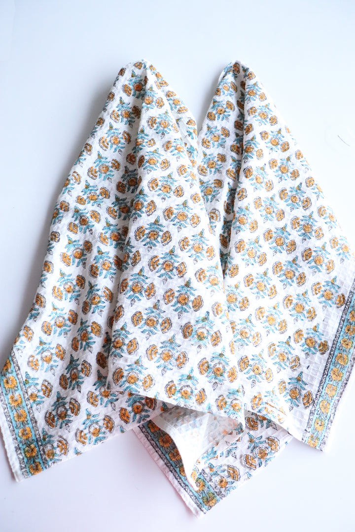 Set of 2 waffle kitchen towels - Block print dish towels - Yellow Booti
