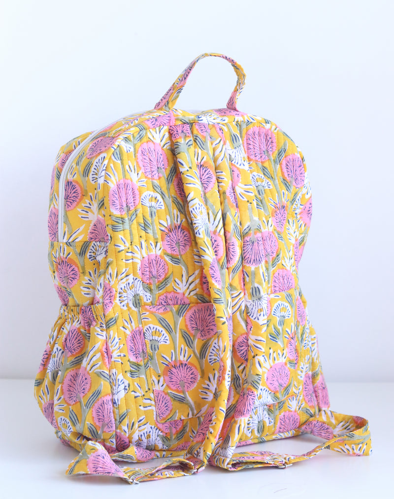 Pre - order - Quilted block print back pack - Laptop back pack - Yellow floral