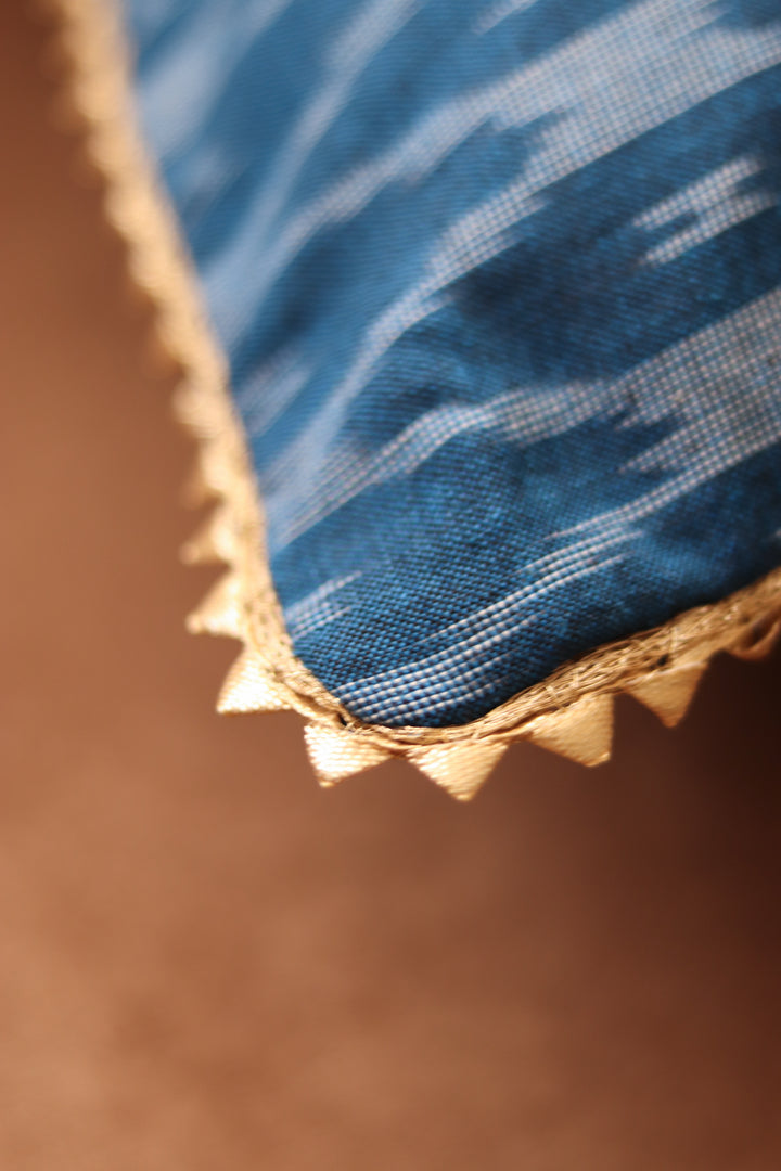 Festive handloom Ikat cushion cover - Teal Ikat cushion cover with trim - 16x16 inches