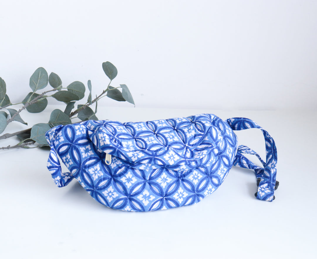 Block print belt bags - Fanny pack unisex - Blue Geometric