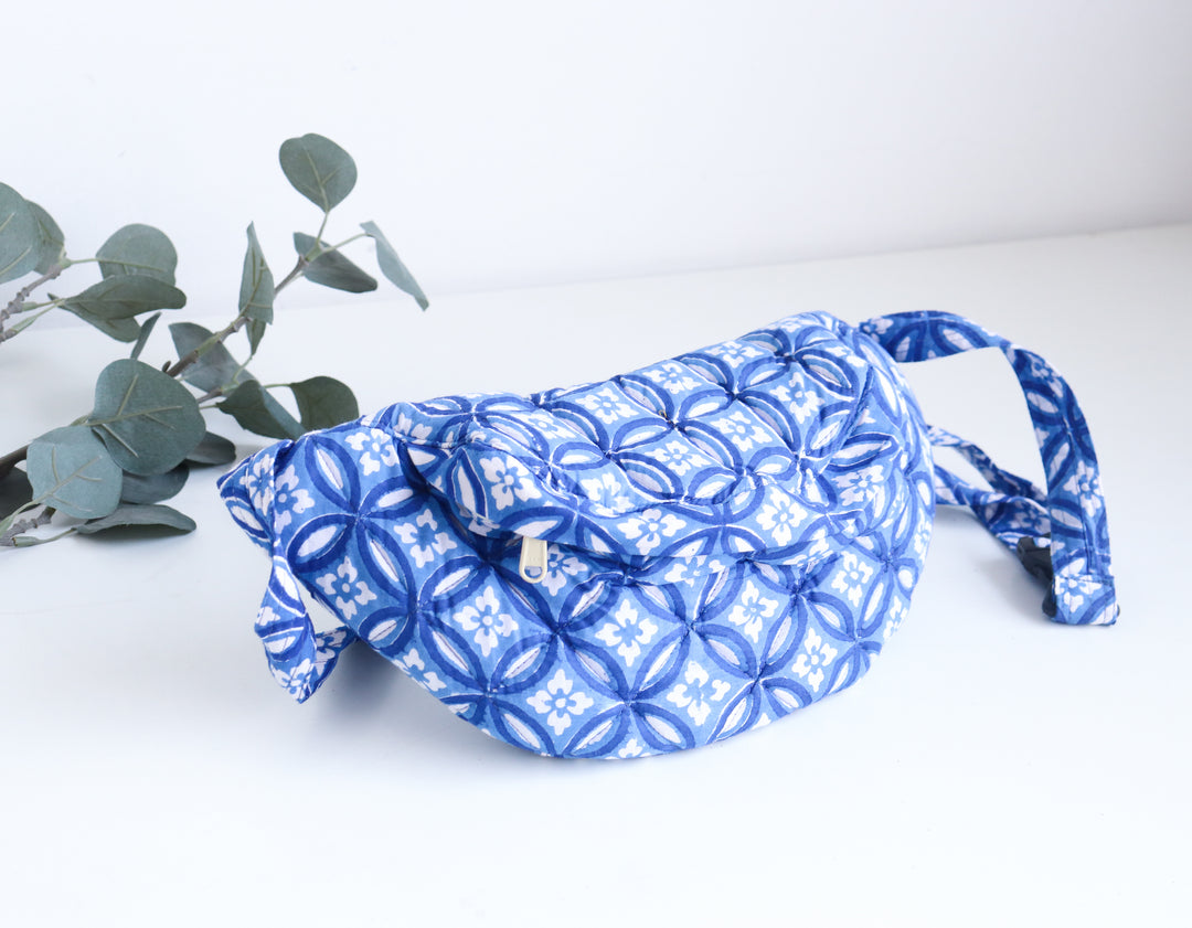 Block print belt bags - Fanny pack unisex - Blue Geometric