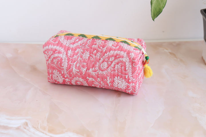 Medium Cosmetic bag - Makeup bag - Block print fabric travel pouch-  Pink Paisley