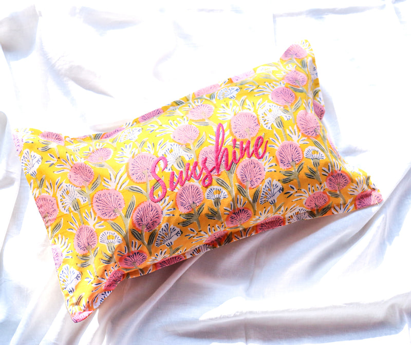 Lumbar cushion - Sunshine Word Pillow - Embroidery on Block print fabric - 12x20
