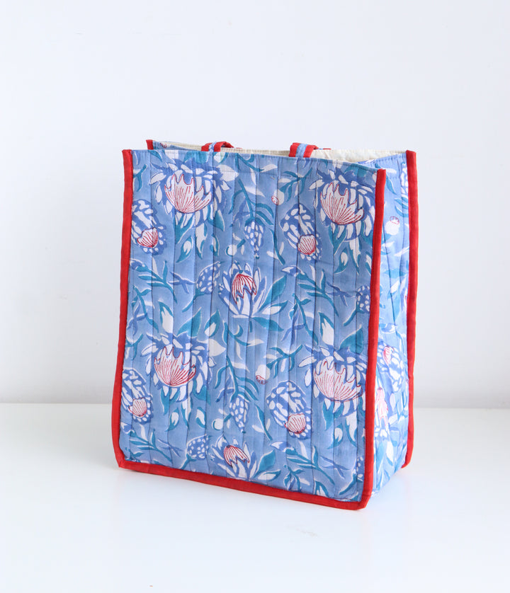 Block print tote bag - Boho quilted shopping bag - Women's handbag - Light Blue
