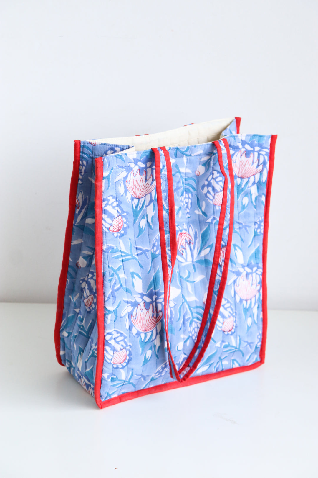 Block print tote bag - Boho quilted shopping bag - Women's handbag - Light Blue