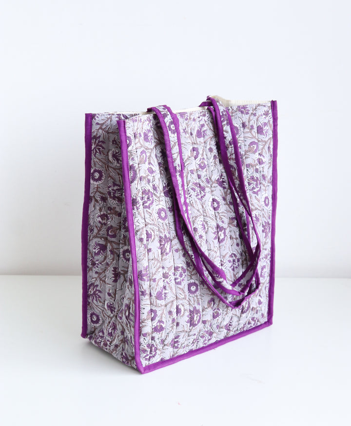 Block print tote bag - Boho quilted shopping bag - Women's handbag - Grey and purple