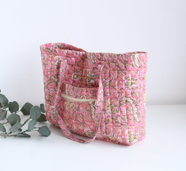 Multi pocket tote bag - Block print women's bags - Everyday Tote bag - Pink