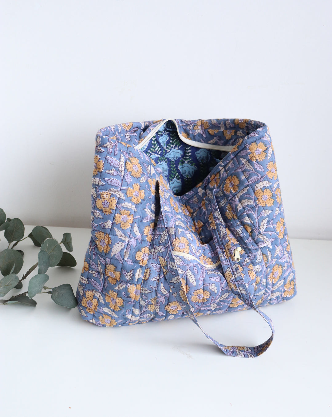 Multi pocket tote bag - Block print women's bags - Everyday Tote bag - Blue