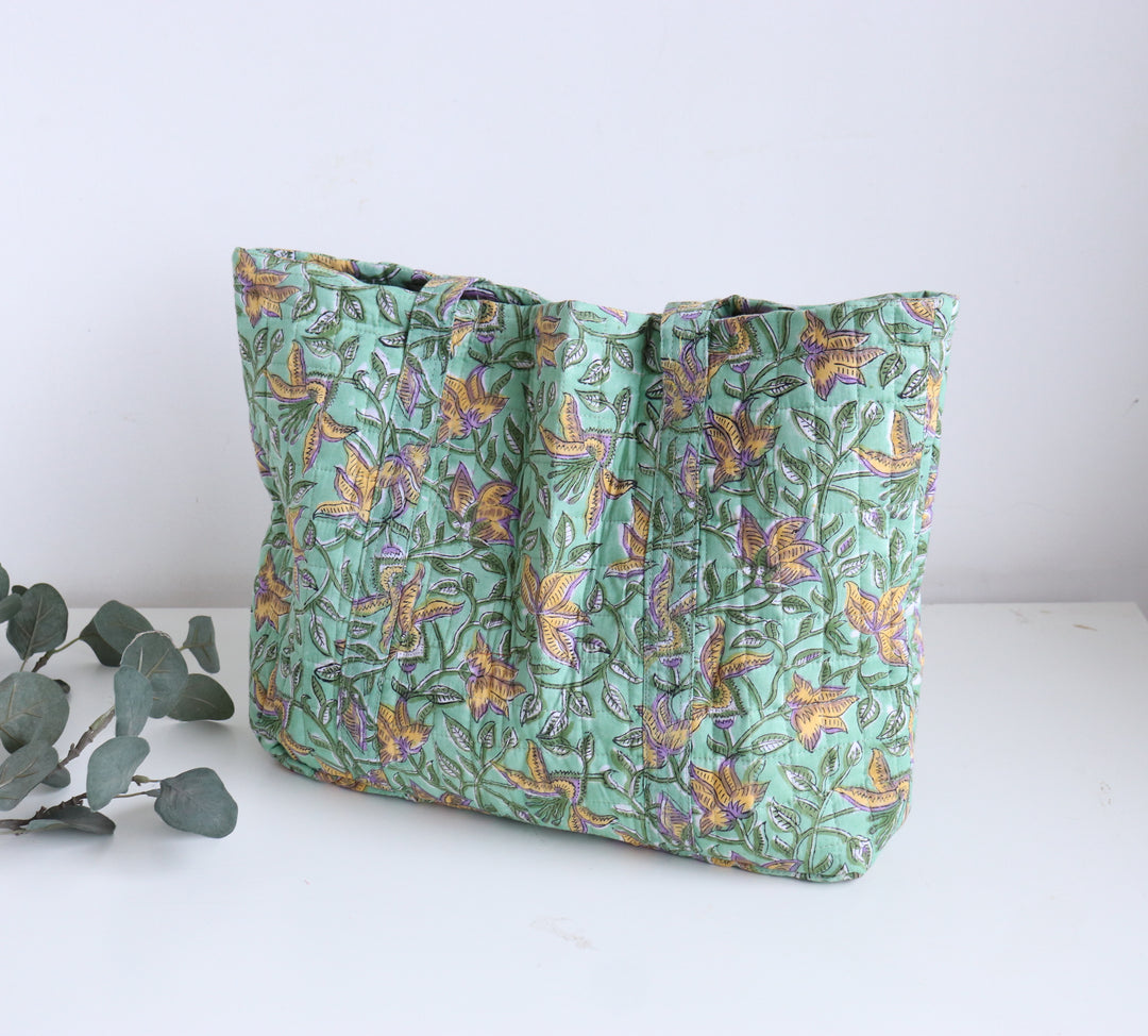 Multi pocket tote bag - Block print women's bags - Everyday Tote bag - Green floral