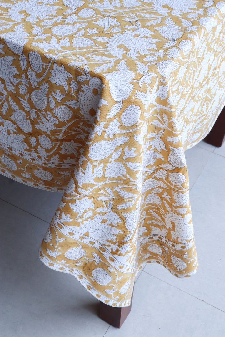 Spice Route tablecloth - 8 seater block print table cover - 60x120 inches - Yellow