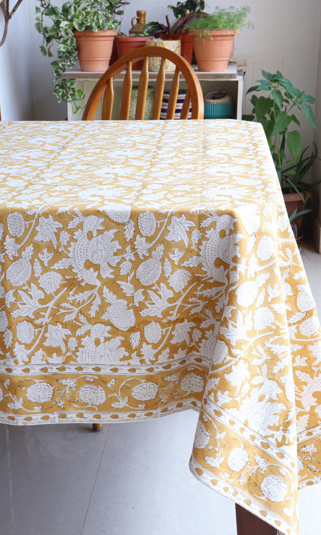 Spice Route tablecloth - 8 seater block print table cover - 60x120 inches - Yellow
