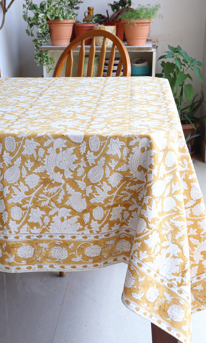 Spice Route tablecloth - 8 seater block print table cover - 60x120 inches - Yellow
