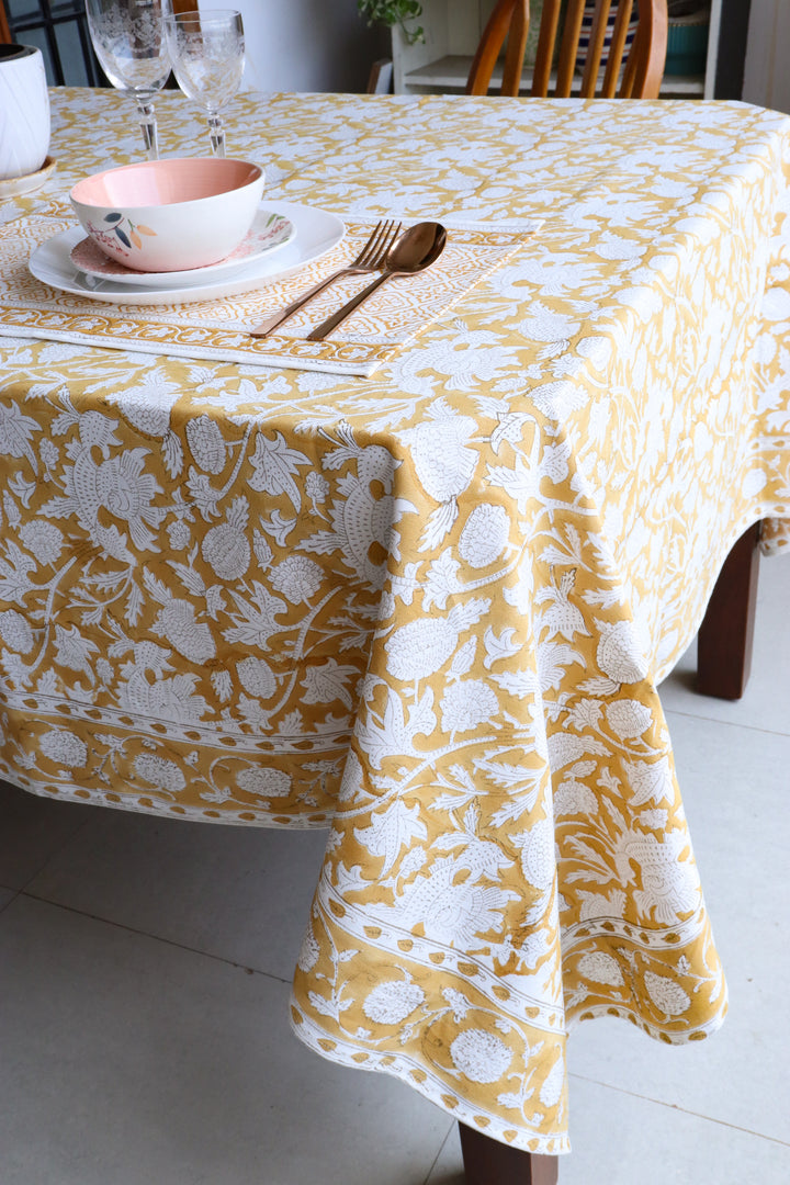 Spice Route tablecloth - 8 seater block print table cover - 60x120 inches - Yellow